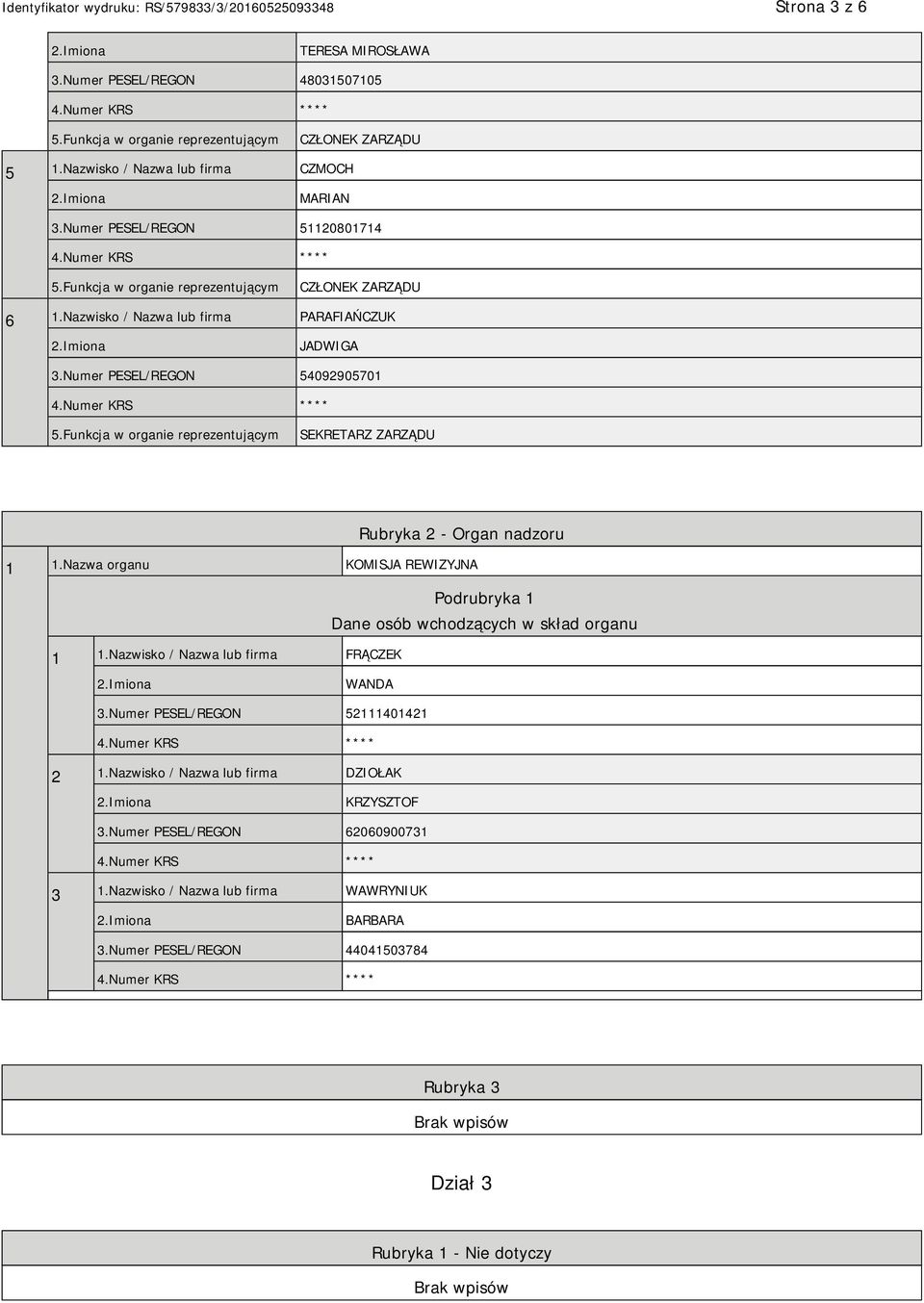 Numer PESEL/REGON 54092905701 SEKRETARZ ZARZĄDU Rubryka 2 - Organ nadzoru 1 1.Nazwa organu KOMISJA REWIZYJNA Podrubryka 1 Dane osób wchodzących w skład organu 1 1.