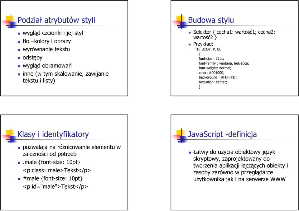 text-align: center; } Klasy i identyfikatory pozwalają na różnicowanie elementu w zależności od potrzeb.