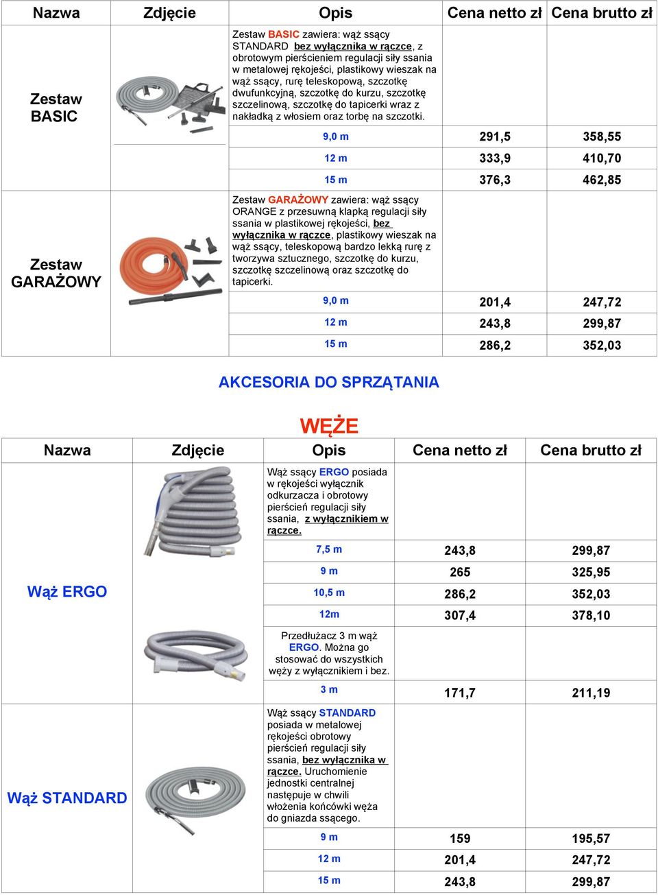 9,0 m 291,5 358,55 12 m 333,9 410,70 15 m 376,3 462,85 GARAŻOWY zawiera: wąż ssący ORANGE z przesuwną klapką regulacji siły ssania w plastikowej rękojeści, bez wyłącznika w rączce, plastikowy wieszak