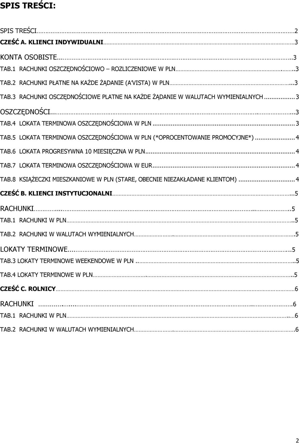 6 LOKATA PROGRESYWNA 10 MIESIĘCZNA W PLN... 4 TAB.7 LOKATA TERMINOWA OSZCZĘDNOŚCIOWA W EUR... 4 TAB.8 KSIĄŻECZKI MIESZKANIOWE W PLN (STARE, OBECNIE NIEZAKŁADANE KLIENTOM)... 4 CZEŚĆ B.