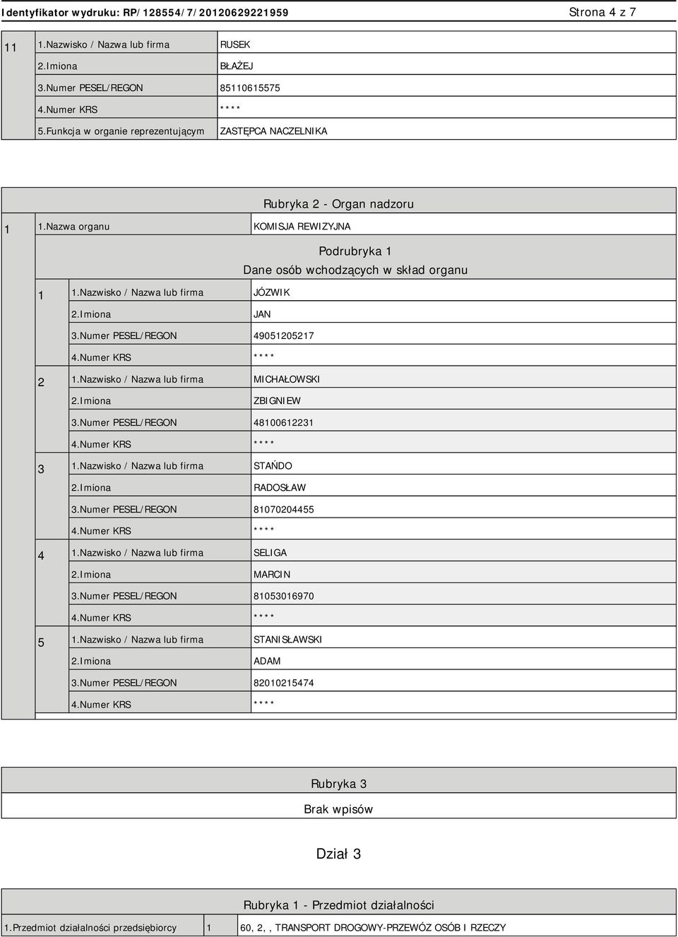 Nazwisko / Nazwa lub firma MICHAŁOWSKI ZBIGNIEW 3.Numer PESEL/REGON 48100612231 3 1.Nazwisko / Nazwa lub firma STAŃDO RADOSŁAW 3.Numer PESEL/REGON 81070204455 4 1.