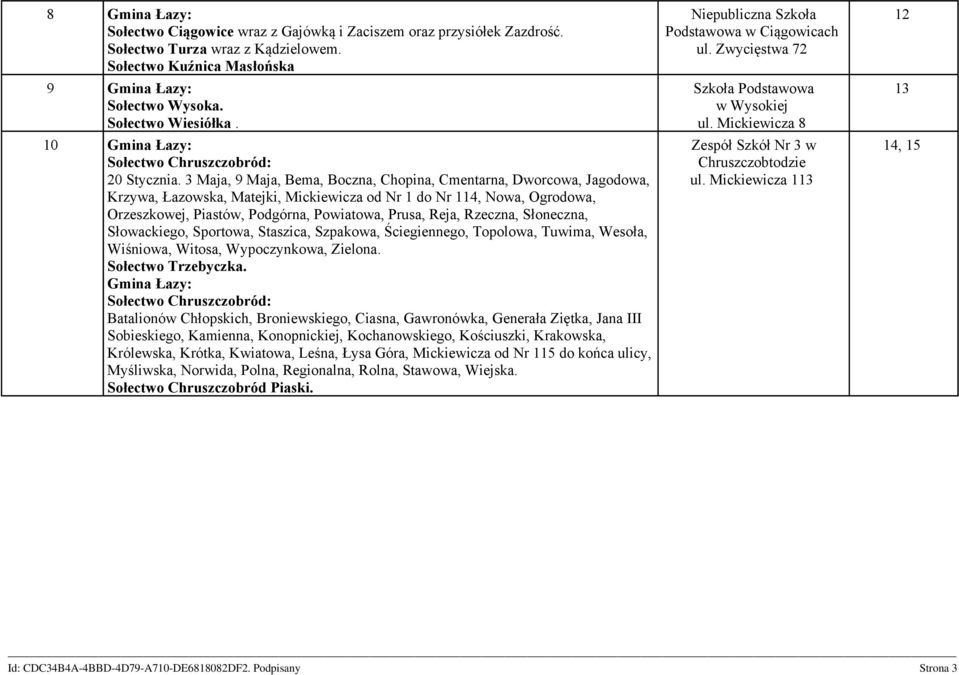 3 Maja, 9 Maja, Bema, Boczna, Chopina, Cmentarna, Dworcowa, Jagodowa, Krzywa, Łazowska, Matejki, Mickiewicza od Nr 1 do Nr 114, Nowa, Ogrodowa, Orzeszkowej, Piastów, Podgórna, Powiatowa, Prusa, Reja,