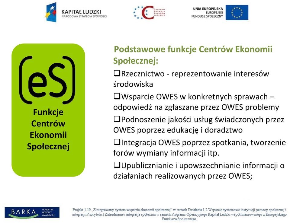 jakości usług świadczonych przez OWES poprzez edukację i doradztwo Integracja OWES poprzez spotkania, tworzenie