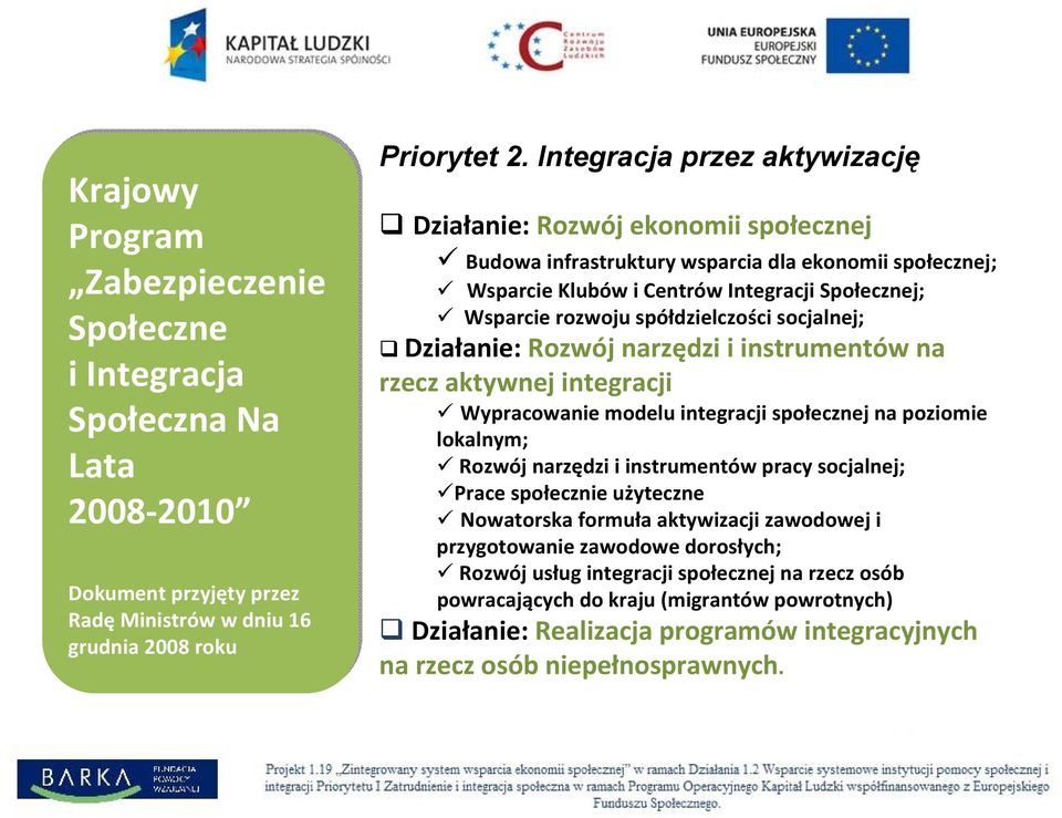 spółdzielczości socjalnej; Działanie: Rozwój narzędzi i instrumentów na rzecz aktywnej integracji Wypracowanie modelu integracji społecznej na poziomie lokalnym; Rozwój narzędzi i instrumentów pracy