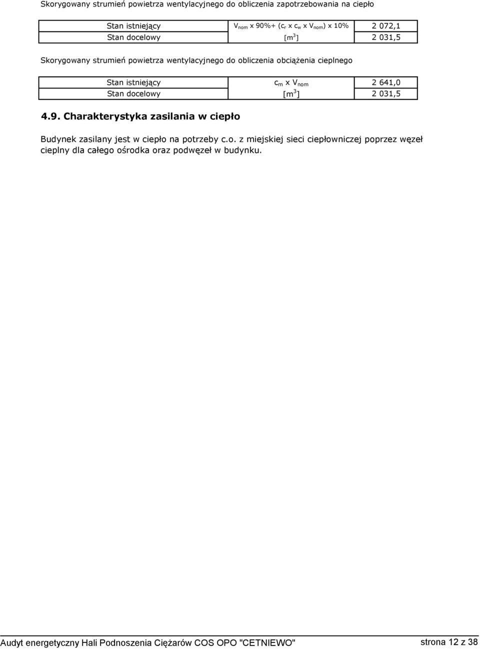 641,0 Stan docelowy [m 3 ] 2 031,5 4.9. Charakterystyka zasilania w ciepło Budynek zasilany jest w ciepło na potrzeby c.o. z miejskiej sieci ciepłowniczej poprzez węzeł cieplny dla całego ośrodka oraz podwęzeł w budynku.