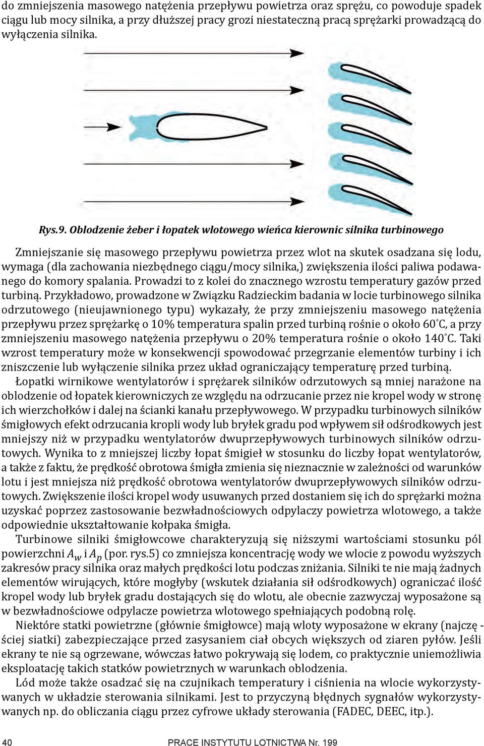 Oblodzenie żeber i łopatek wlotowego wieńca kierownic silnika turbinowego Zmniejszanie się masowego przepływu powietrza przez wlot na skutek osadzana się lodu, wymaga (dla zachowania niezbędnego