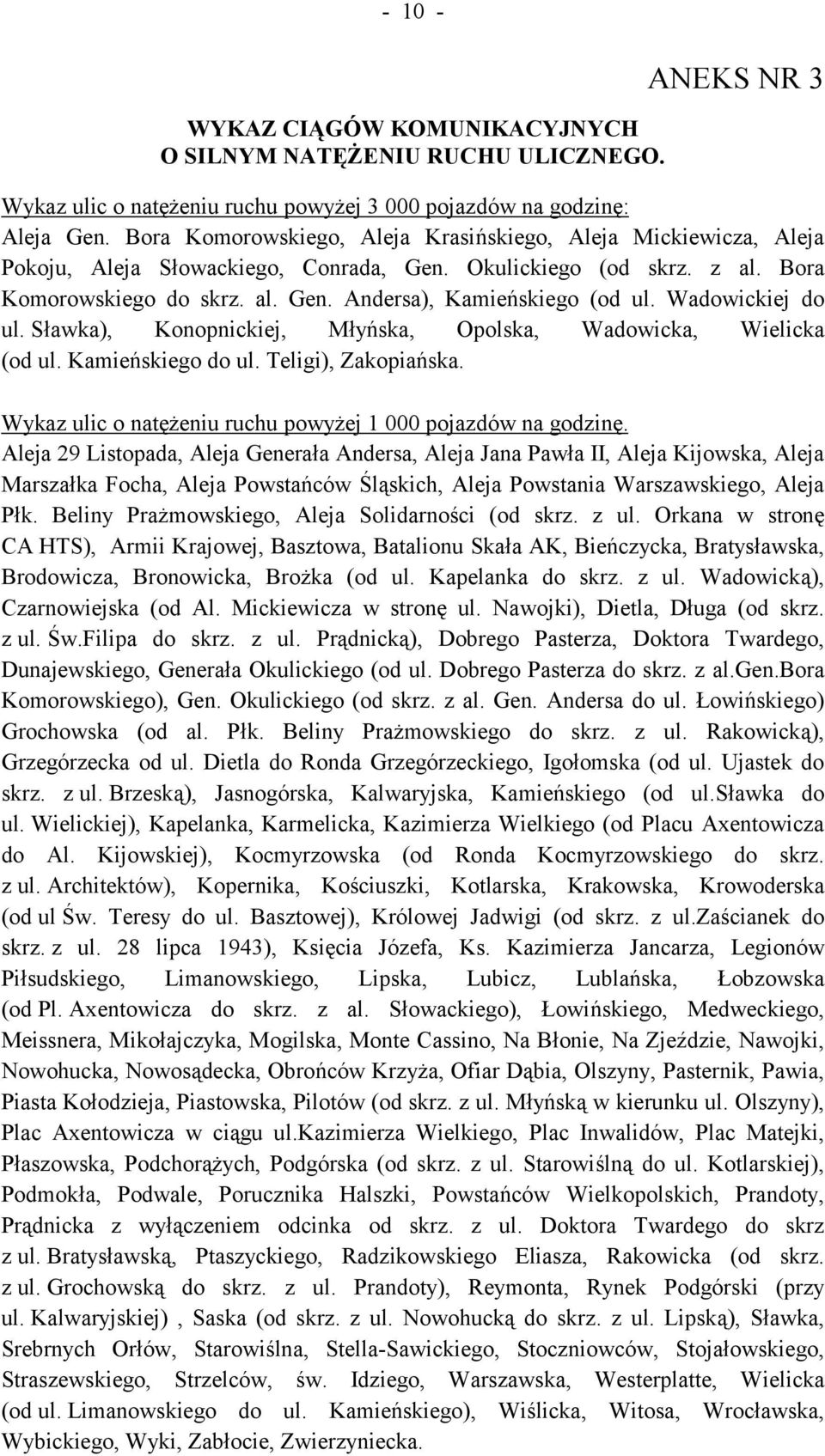 Wadowickiej do ul. Sławka), Konopnickiej, Młyńska, Opolska, Wadowicka, Wielicka (od ul. Kamieńskiego do ul. Teligi), Zakopiańska. Wykaz ulic o natężeniu ruchu powyżej 1 000 pojazdów na godzinę.