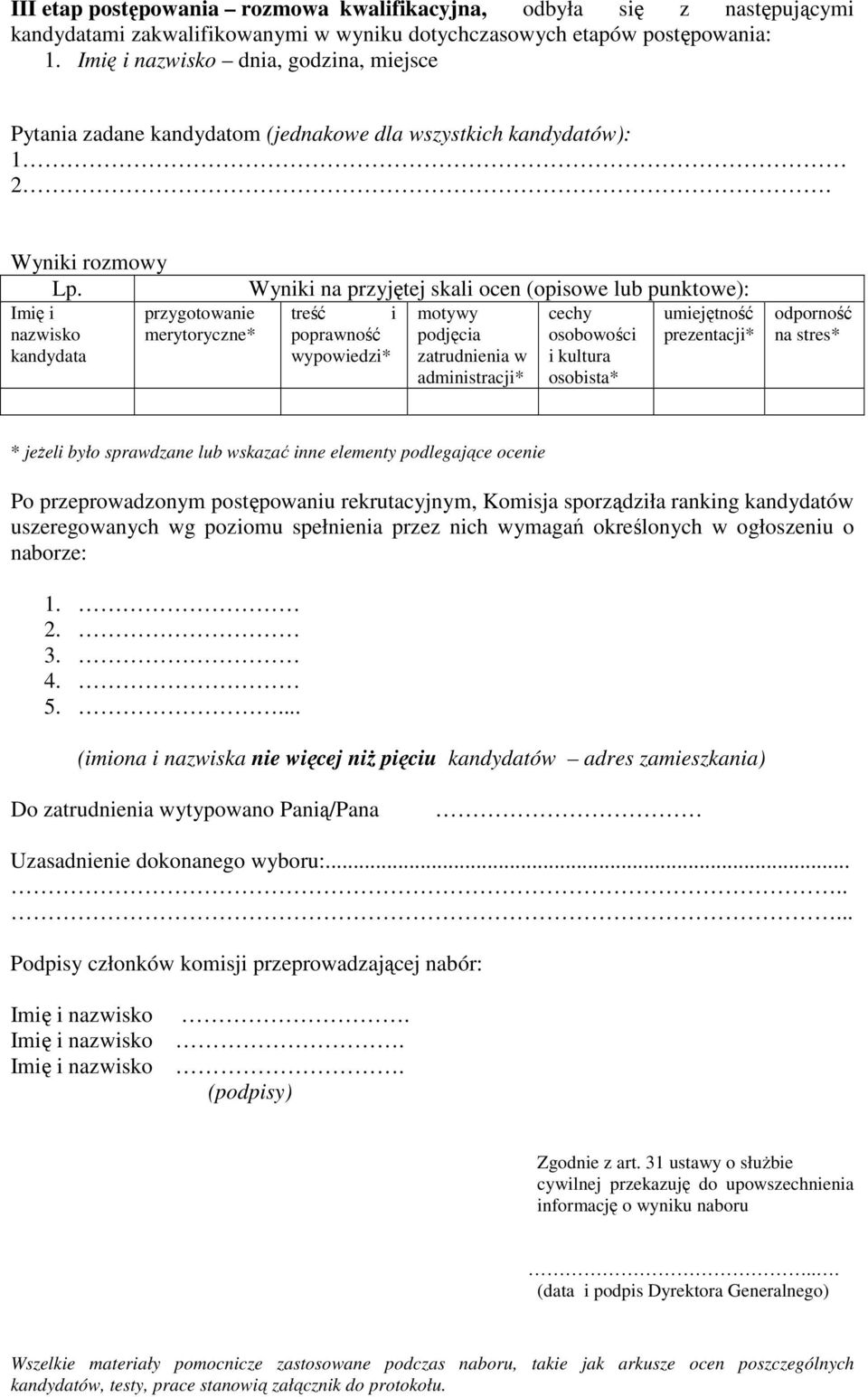 Imię i nazwisko kandydata przygotowanie merytoryczne* Wyniki na przyjętej skali ocen (opisowe lub punktowe): treść i poprawność wypowiedzi* motywy podjęcia zatrudnienia w administracji* cechy