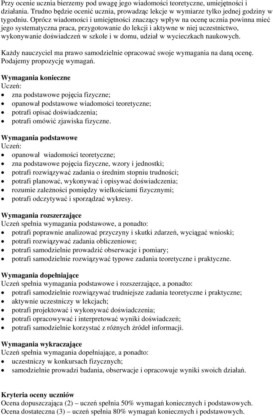 domu, udział w wycieczkach naukowych. Każdy nauczyciel ma prawo samodzielnie opracować swoje wymagania na daną ocenę. Podajemy propozycję wymagań.