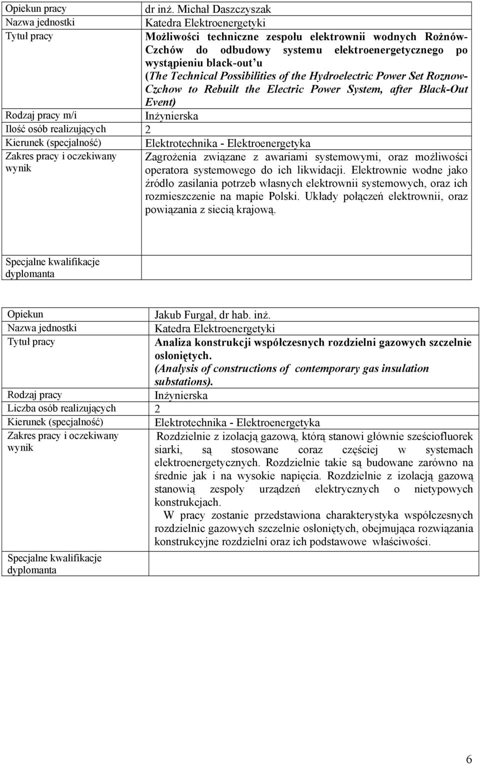 Hydroelectric Power Set Roznow- Czchow to Rebuilt the Electric Power System, after Black-Out Event) Ilość osób realizujących 2 Zagrożenia związane z awariami systemowymi, oraz możliwości operatora