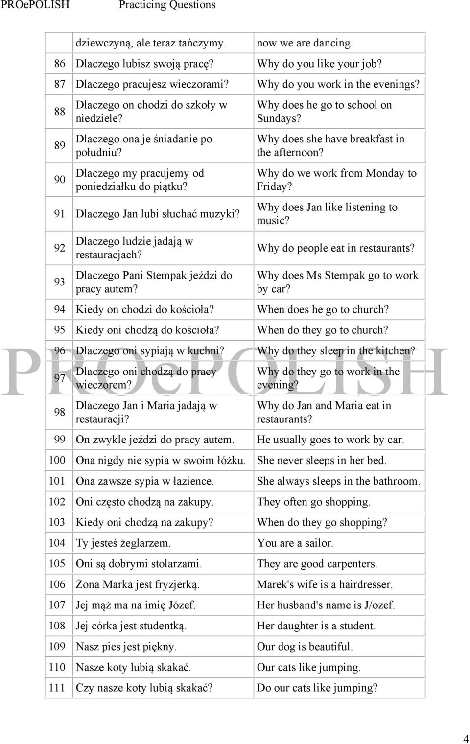 92 93 Dlaczego ludzie jadają w restauracjach? Dlaczego Pani Stempak jeździ do pracy autem? Why does he go to school on Sundays? Why does she have breakfast in the afternoon?