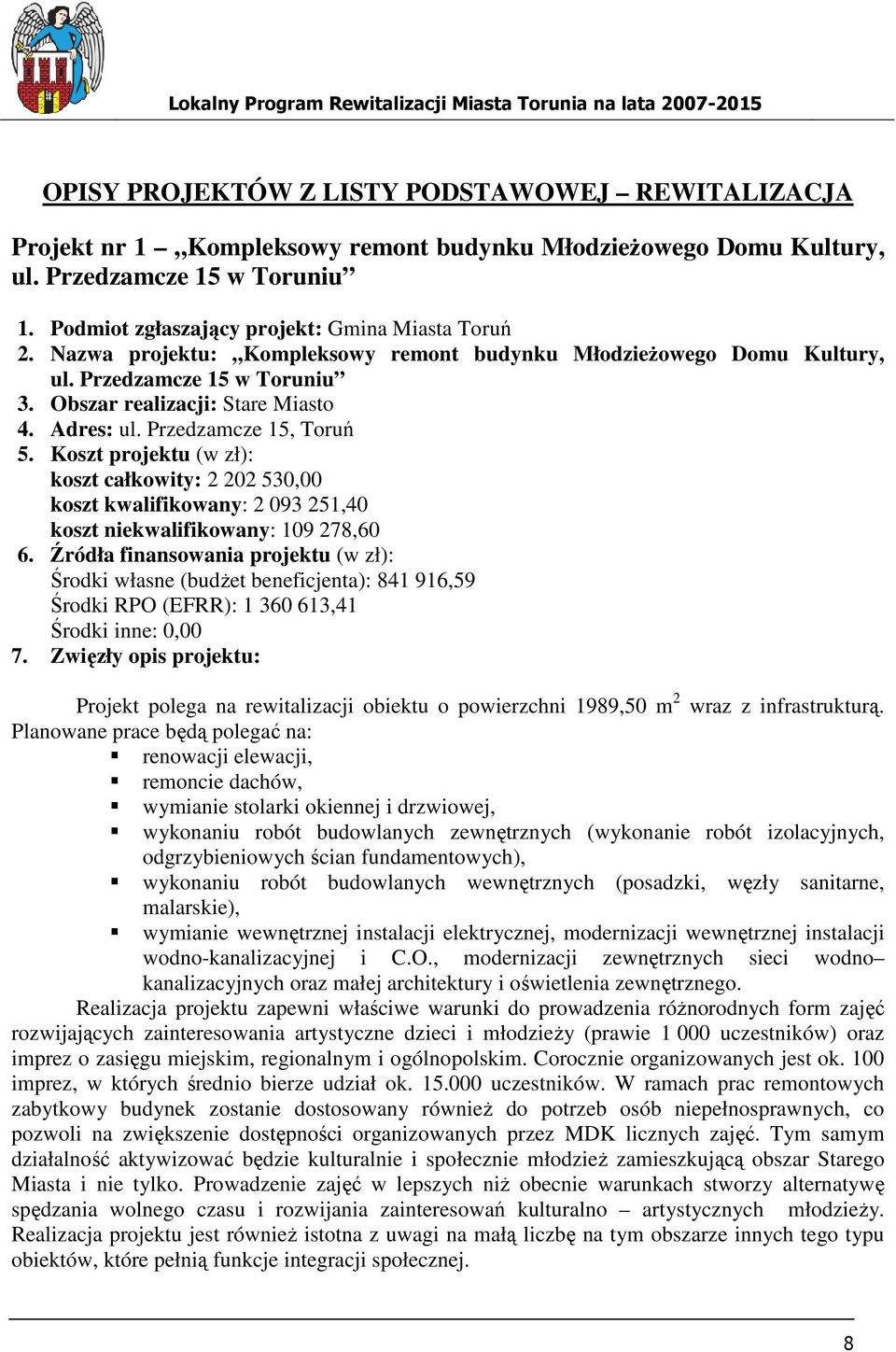 Koszt projektu (w zł): koszt całkowity: 2 202 530,00 koszt kwalifikowany: 2 093 251,40 koszt niekwalifikowany: 109 278,60 6.