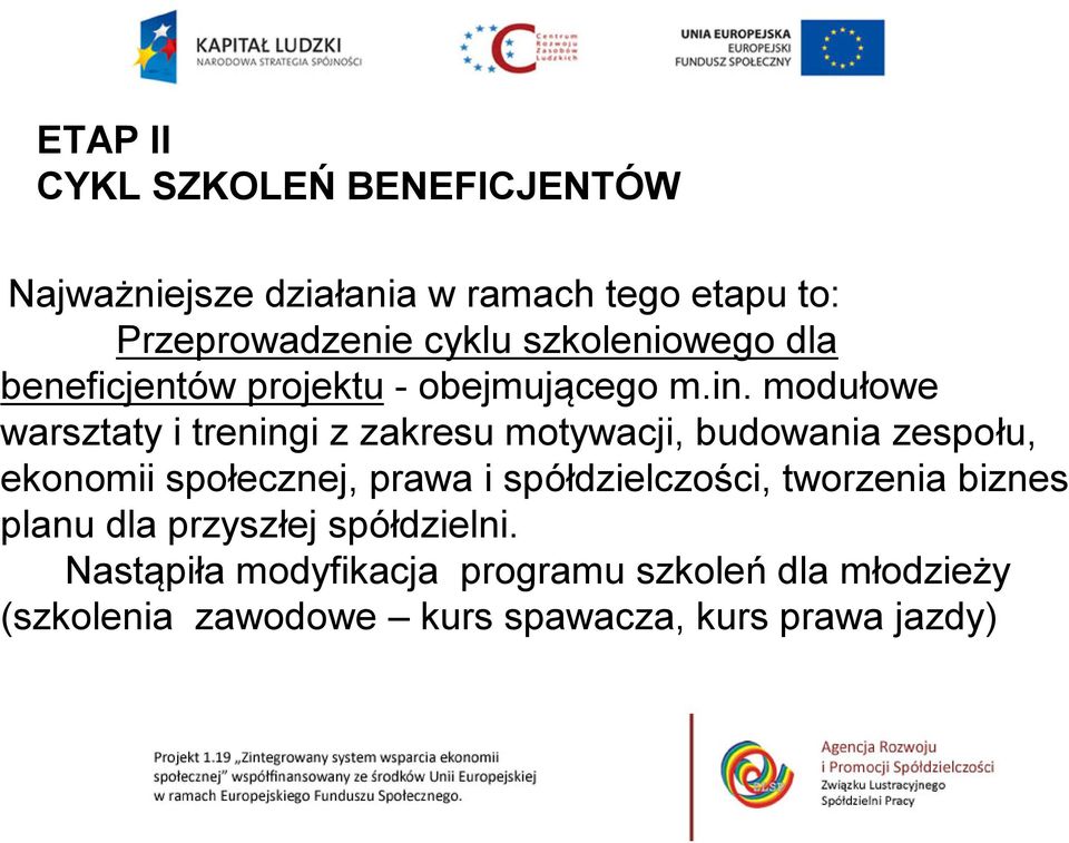 modułowe warsztaty i treningi z zakresu motywacji, budowania zespołu, ekonomii społecznej, prawa i