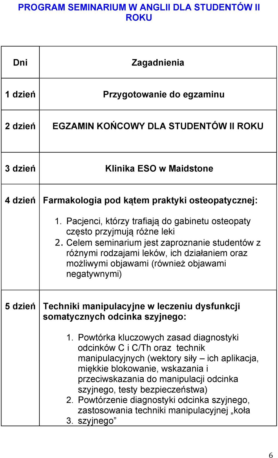 Celem seminarium jest zaproznanie studentów z różnymi rodzajami leków, ich działaniem oraz możliwymi objawami (również objawami negatywnymi) 5 dzień Techniki manipulacyjne w leczeniu dysfunkcji