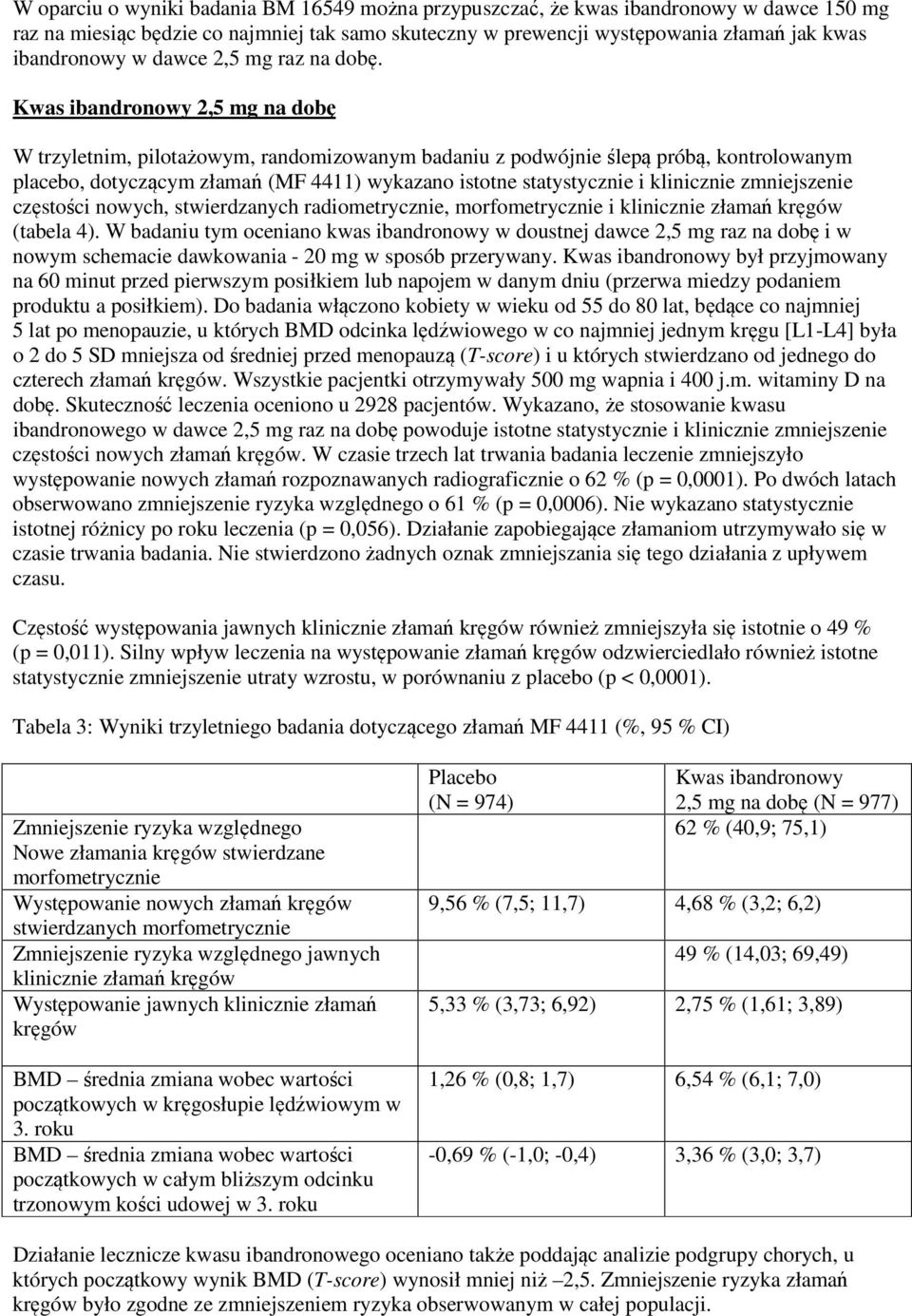 Kwas ibandronowy 2,5 mg na dobę W trzyletnim, pilotażowym, randomizowanym badaniu z podwójnie ślepą próbą, kontrolowanym placebo, dotyczącym złamań (MF 4411) wykazano istotne statystycznie i