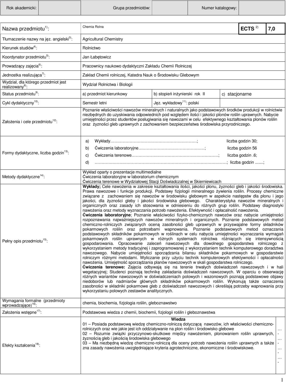 Rolniczej ECTS 2) 7,0 Jednostka realizująca 7) : Wydział, dla którego przedmiot jest realizowany 8) : Zakład Chemii rolniczej, Katedra Nauk o Środowisku Glebowym Wydział Rolnictwa i Biologii Status