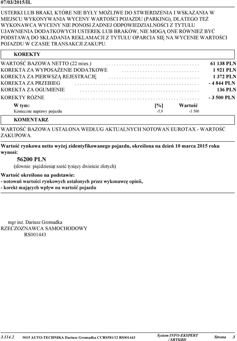 ZAKUPU. KOREKTY WARTOŚĆ BAZOWA NETTO (22 mies.).................................... 61 138 PLN KOREKTA ZA WYPOSAŻENIE DODATKOWE.............................. 1 921 PLN KOREKTA ZA PIERWSZĄ REJESTRACJĘ.