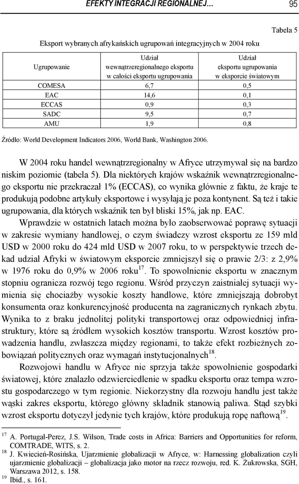 W 2004 roku handel wewnątrzregionalny w Afryce utrzymywał się na bardzo niskim poziomie (tabela 5).