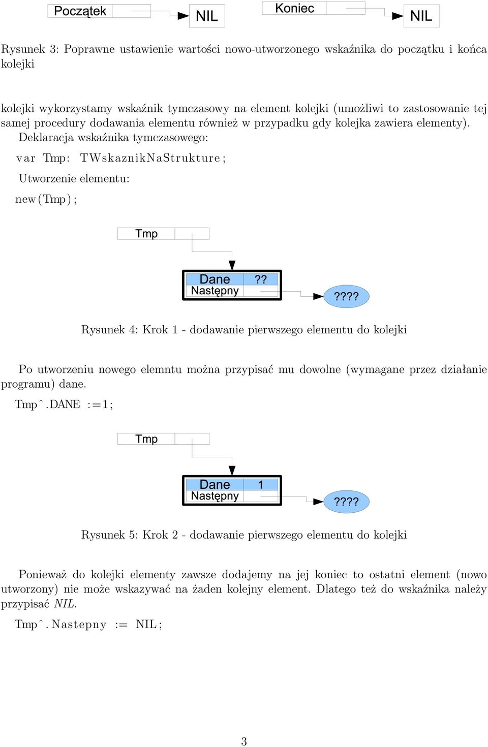 Deklaracja wskaźnika tymczasowego: var Tmp: TWskaznikNaStrukture ; Utworzenie elementu: new(tmp) ; Rysunek 4: Krok 1 - dodawanie pierwszego elementu do kolejki Po utworzeniu nowego elemntu można
