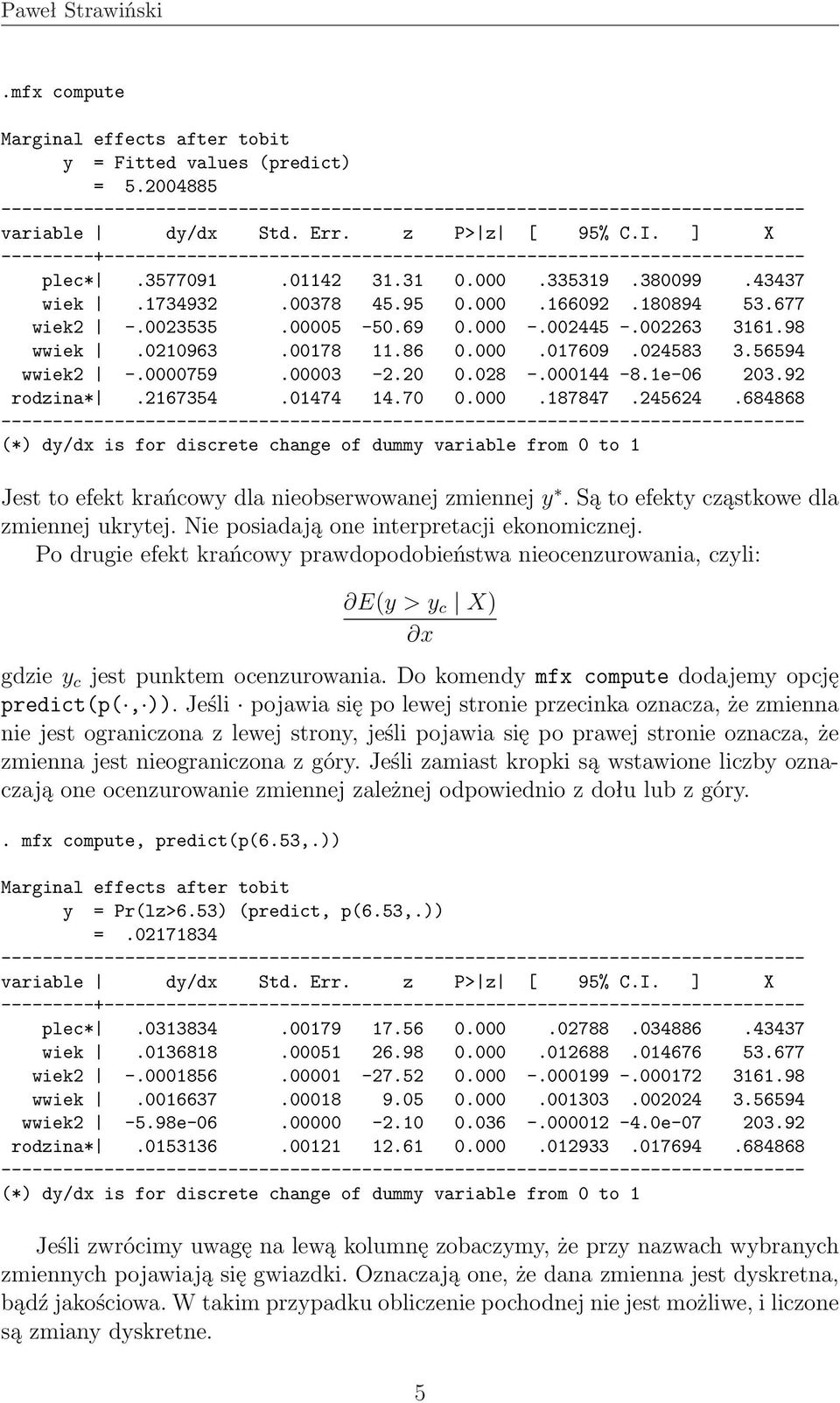 1e-06 203.92 rodzina*.2167354.01474 14.70 0.000.187847.245624.684868 (*) dy/dx is for discrete change of dummy variable from 0 to 1 Jest to efekt krańcowy dla nieobserwowanej zmiennej y.