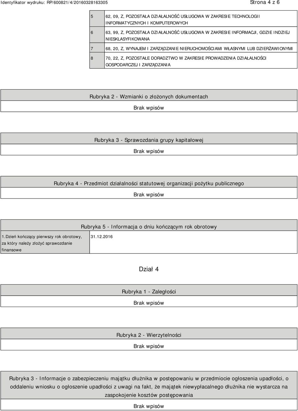 Wzmianki o złożonych dokumentach Rubryka 3 - Sprawozdania grupy kapitałowej Rubryka 4 - Przedmiot działalności statutowej organizacji pożytku publicznego Rubryka 5 - Informacja o dniu kończącym rok