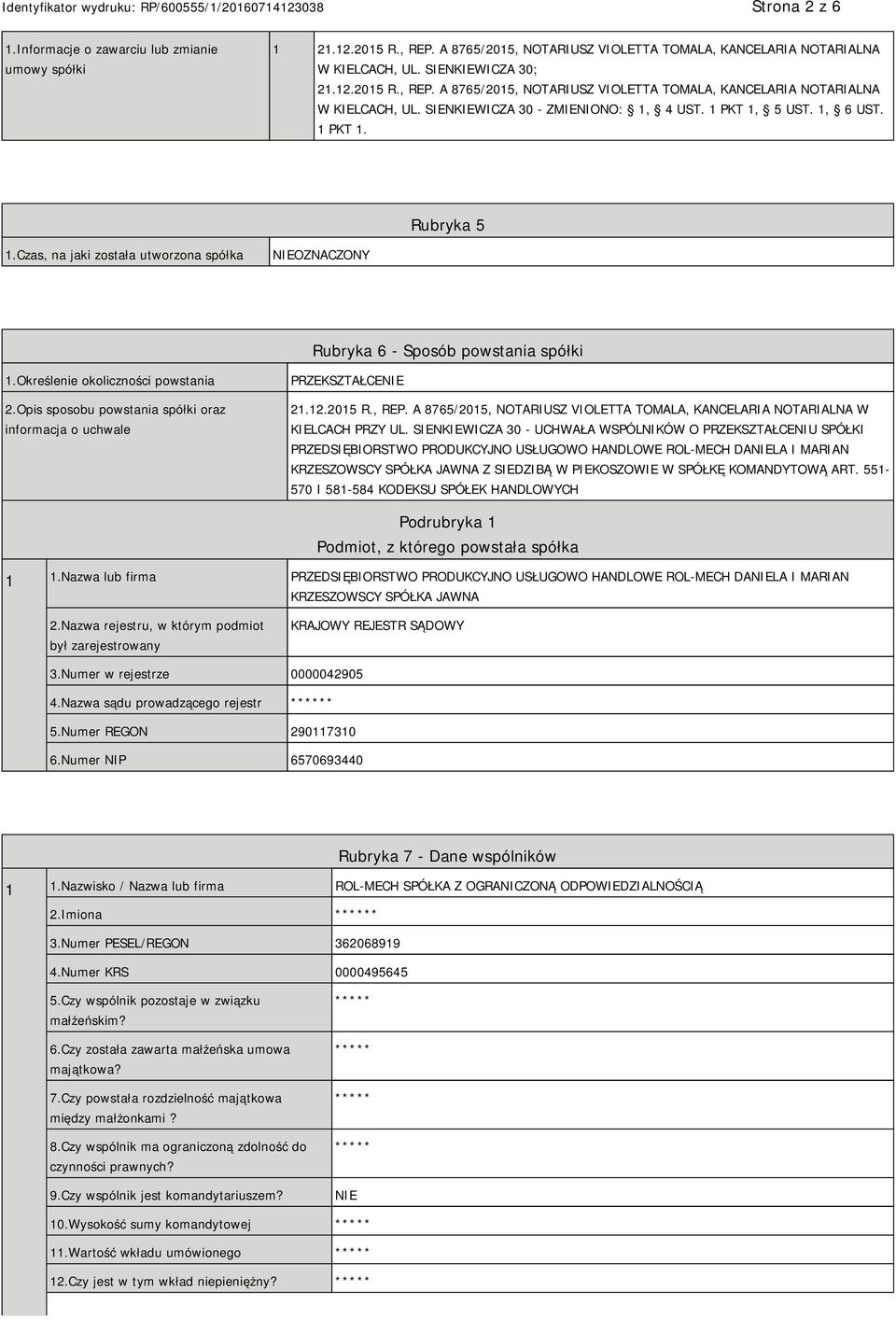 Opis sposobu powstania spółki oraz informacja o uchwale PRZEKSZTAŁCE 21.12.2015 R., REP. A 8765/2015, NOTARIUSZ VIOLETTA TOMALA, KANCELARIA NOTARIALNA W KIELCACH PRZY UL.