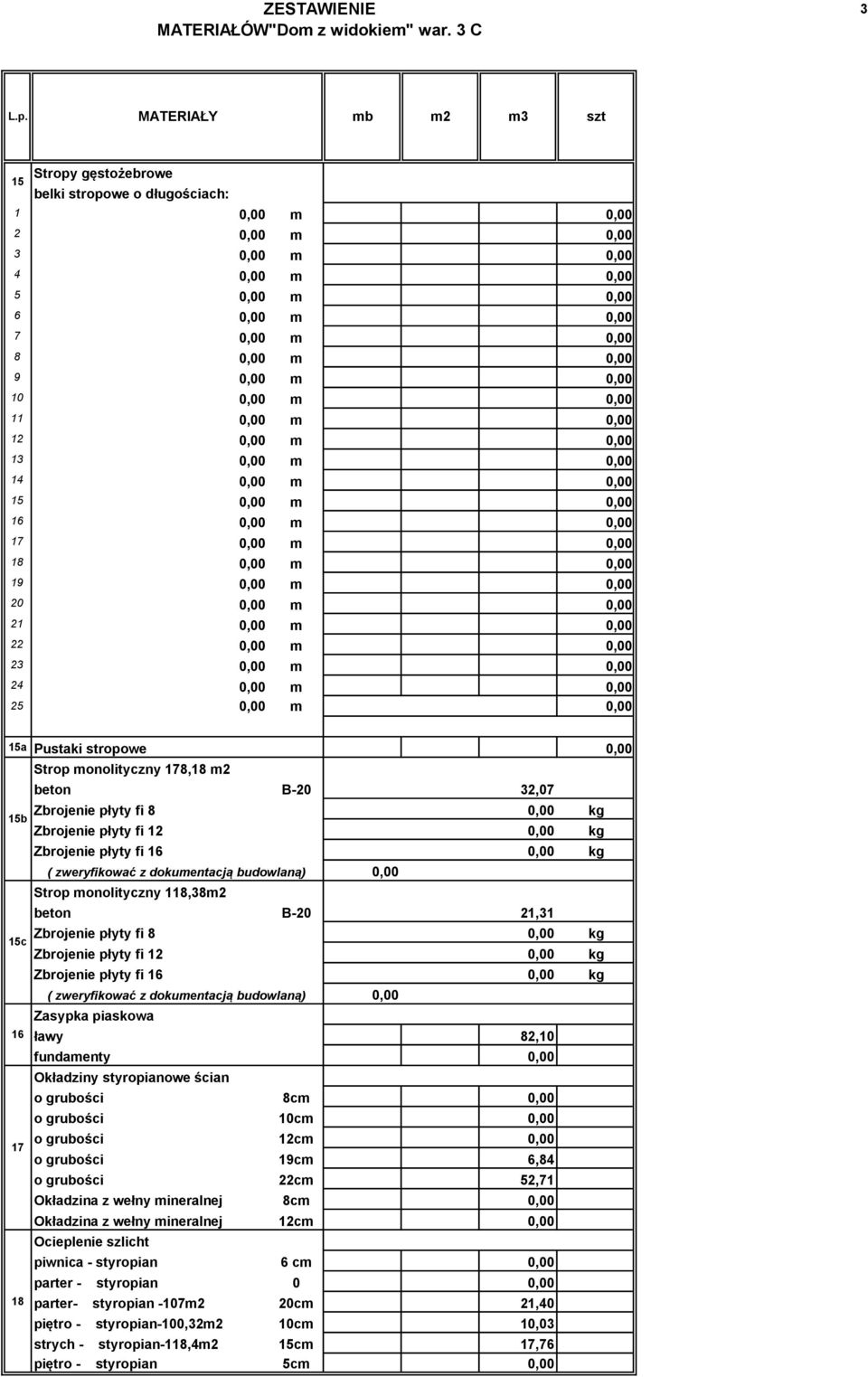 Zbrojenie płyty fi 8 Zbrojenie płyty fi 12 Zbrojenie płyty fi 16 ( zweryfikować z dokumentacją budowlaną) Zasypka piaskowa ławy 82,1 fundamenty Okładziny styropianowe ścian o grubości 8 o grubości 1