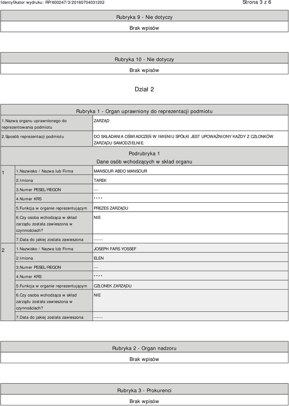 Nazwisko / Nazwa lub Firma MANSOUR ABDO MANSOUR TAREK 4.Numer KRS **** 5.Funkcja w organie reprezentującym 6.Czy osoba wchodząca w skład zarządu została zawieszona w czynnościach? PREZES ZARZĄDU 7.