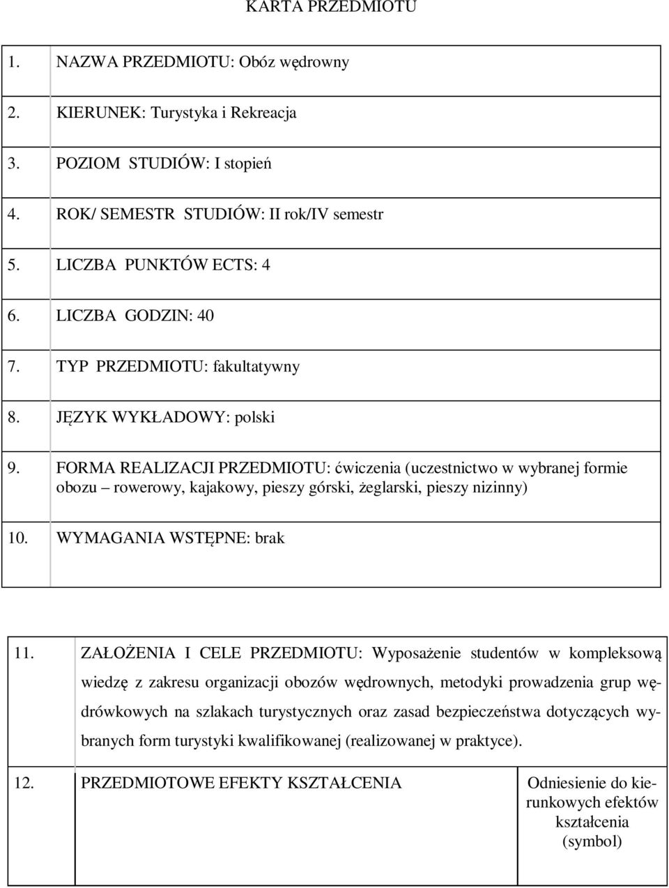 FORMA REALIZACJI PRZEDMIOTU: ćwiczenia (uczestnictwo w wybranej formie obozu rowerowy, kajakowy, pieszy górski, żeglarski, pieszy nizinny) 10. WYMAGANIA WSTĘPNE: brak 11.