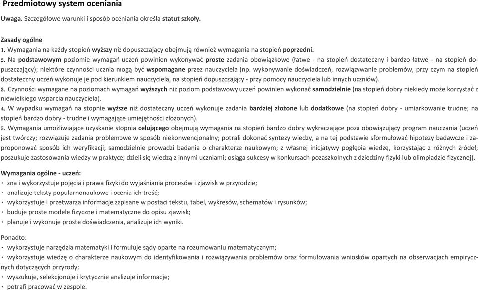 Na podstawowym poziomie wymagań uczeń powinien wykonywać proste zadania obowiązkowe (łatwe - na stopień dostateczny i bardzo łatwe - na stopień dopuszczający); niektóre czynności ucznia mogą być