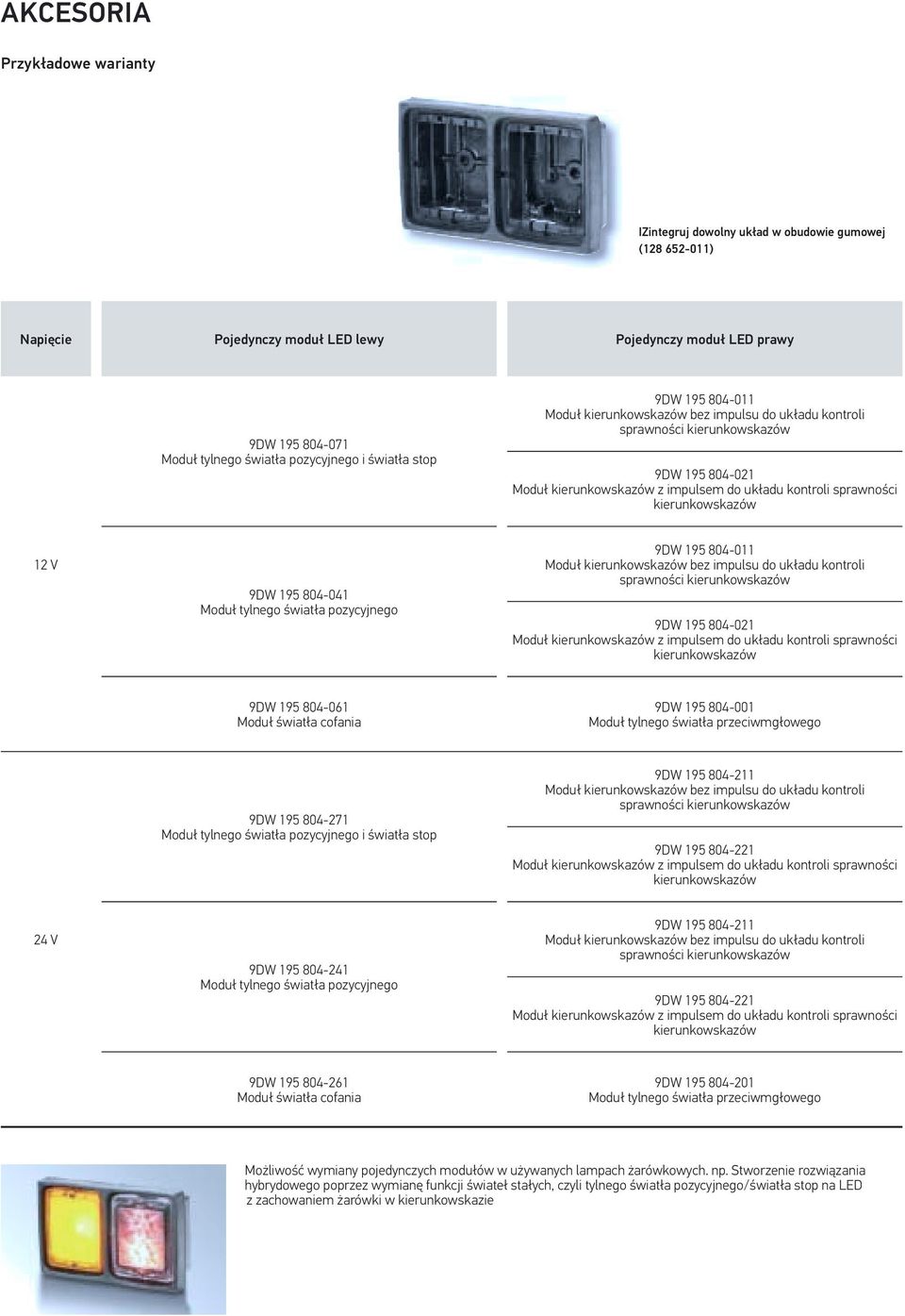 światła cofania 9DW 95 804-00 Moduł tylnego światła przeciwmgłowego 9DW 95 804-27 i światła stop 9DW 95 804-2 Moduł bez impulsu do układu kontroli sprawności 9DW 95 804-22 Moduł z impulsem 9DW 95