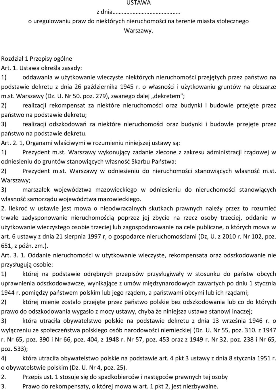 o własności i użytkowaniu gruntów na obszarze m.st. Warszawy (Dz. U. Nr 50. poz.