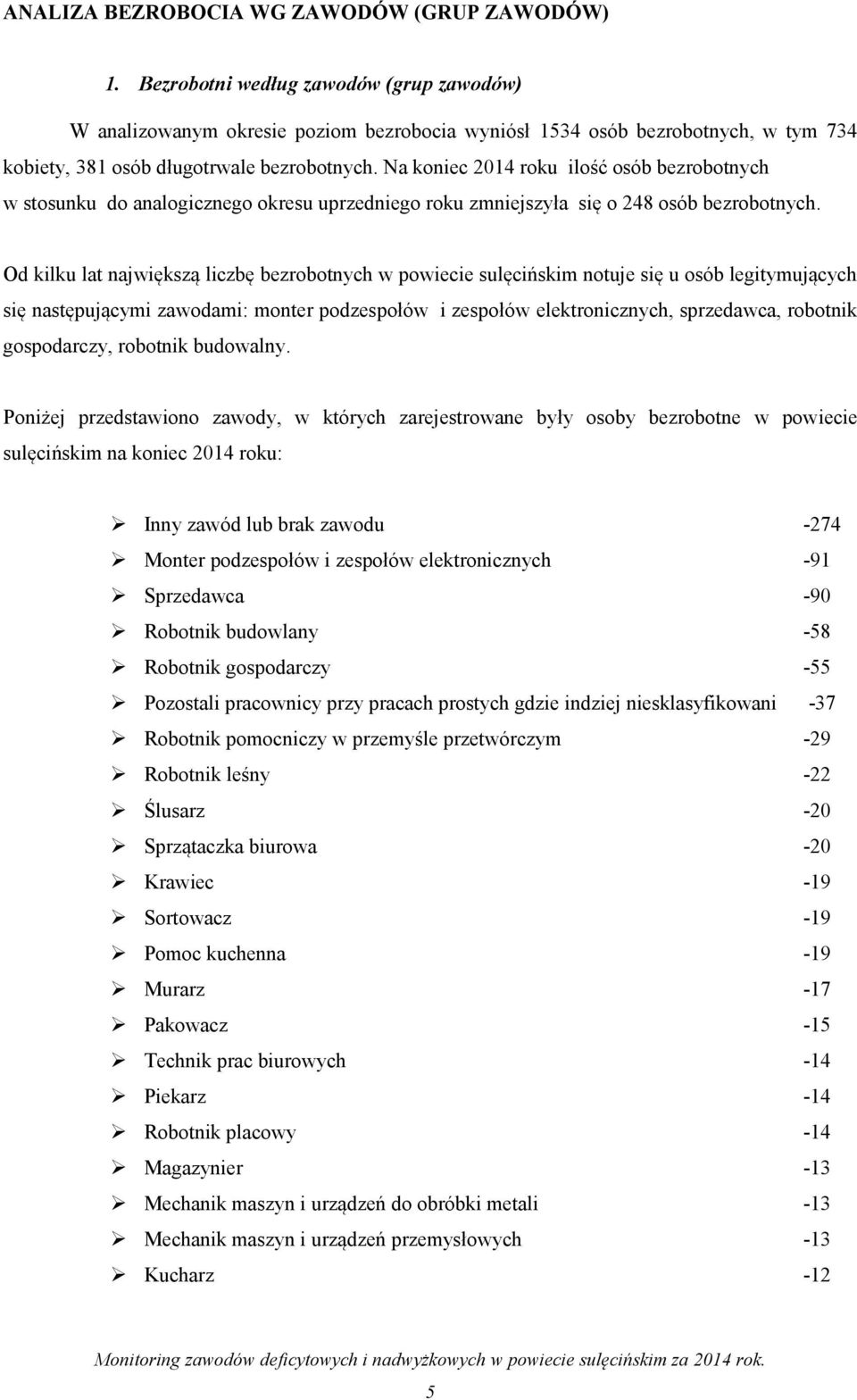 Na koniec 2014 roku ilość osób bezrobotnych w stosunku do analogicznego okresu uprzedniego roku zmniejszyła się o 248 osób bezrobotnych.