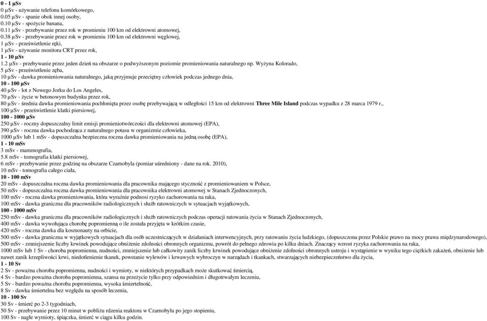 2 µsv - przebywanie przez jeden dzień na obszarze o podwyŝszonym poziomie promieniowania naturalnego np.