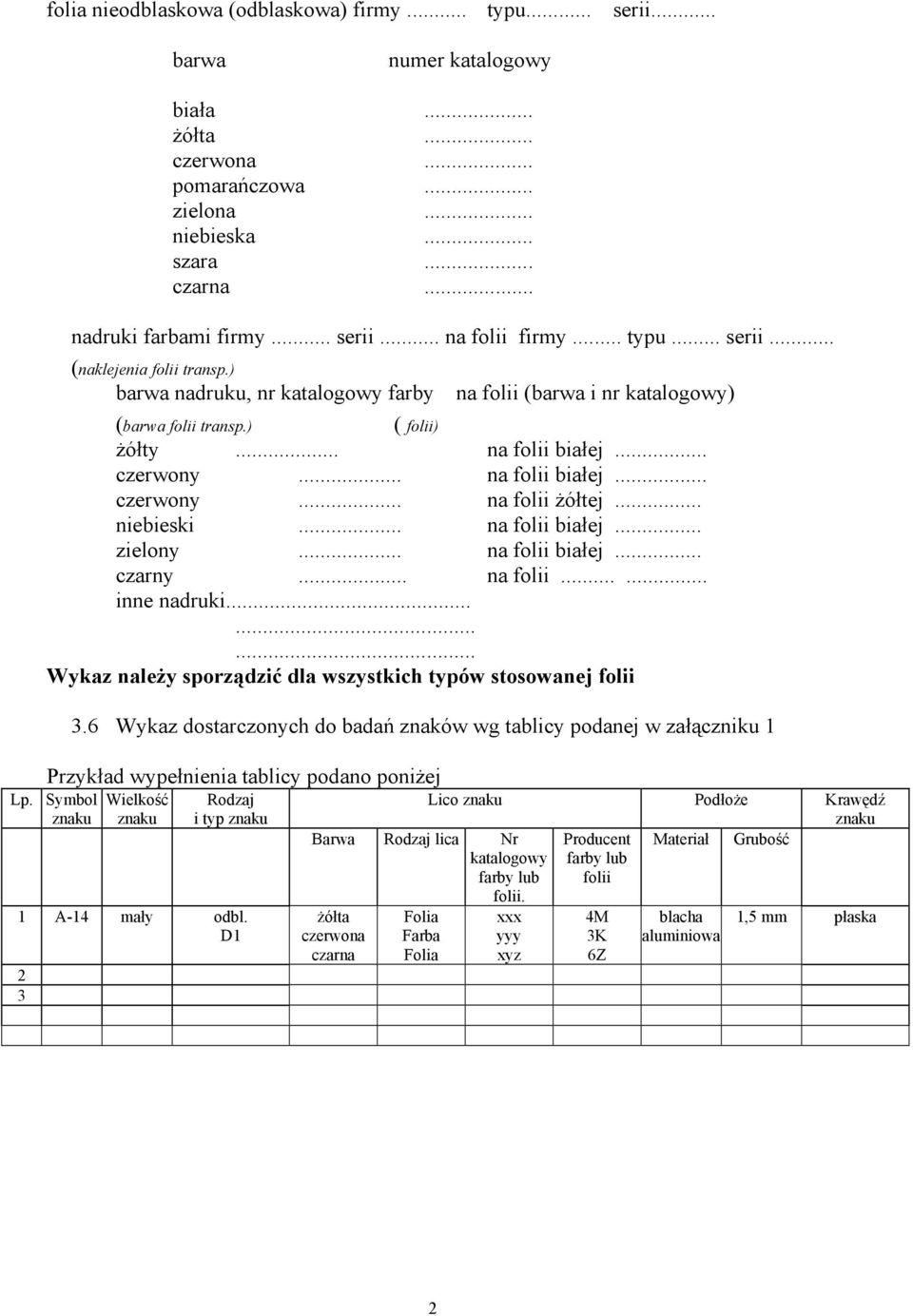 .. niebieski... na folii białej... zielony... na folii białej... czarny... na folii...... inne nadruki......... Wykaz należy sporządzić dla wszystkich typów stosowanej folii 3.