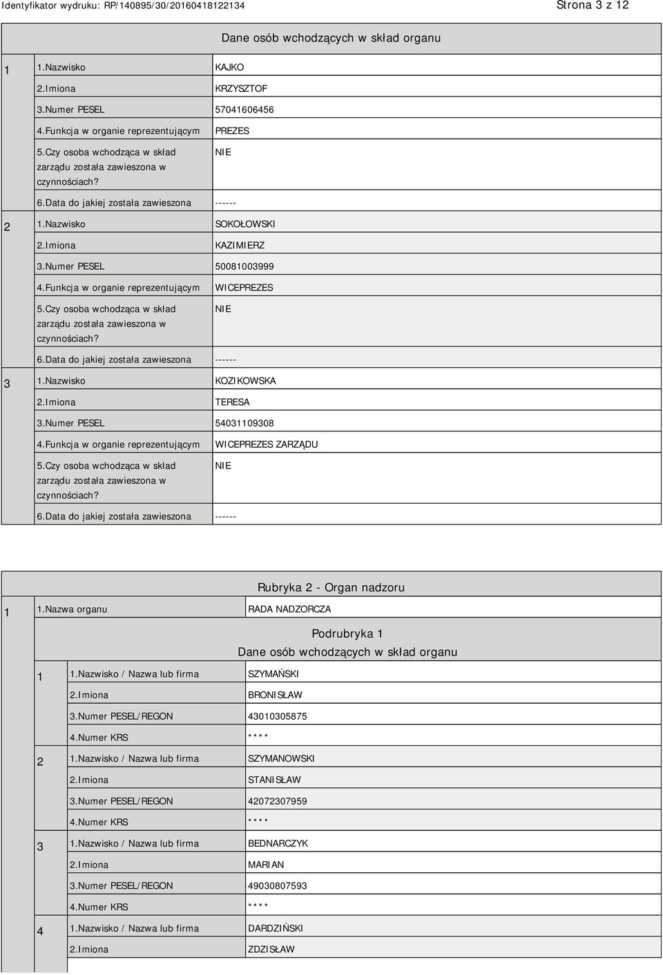 Funkcja w organie reprezentującym 5.Czy osoba wchodząca w skład zarządu została zawieszona w czynnościach? WICEPREZES NIE 6.Data do jakiej została zawieszona ------ 3 1.Nazwisko KOZIKOWSKA TERESA 3.