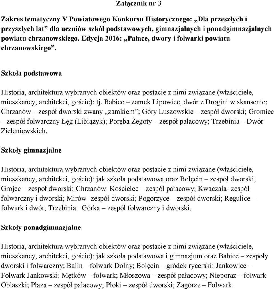 Szkoła podstawowa Historia, architektura wybranych obiektów oraz postacie z nimi związane (właściciele, mieszkańcy, architekci, goście): tj.