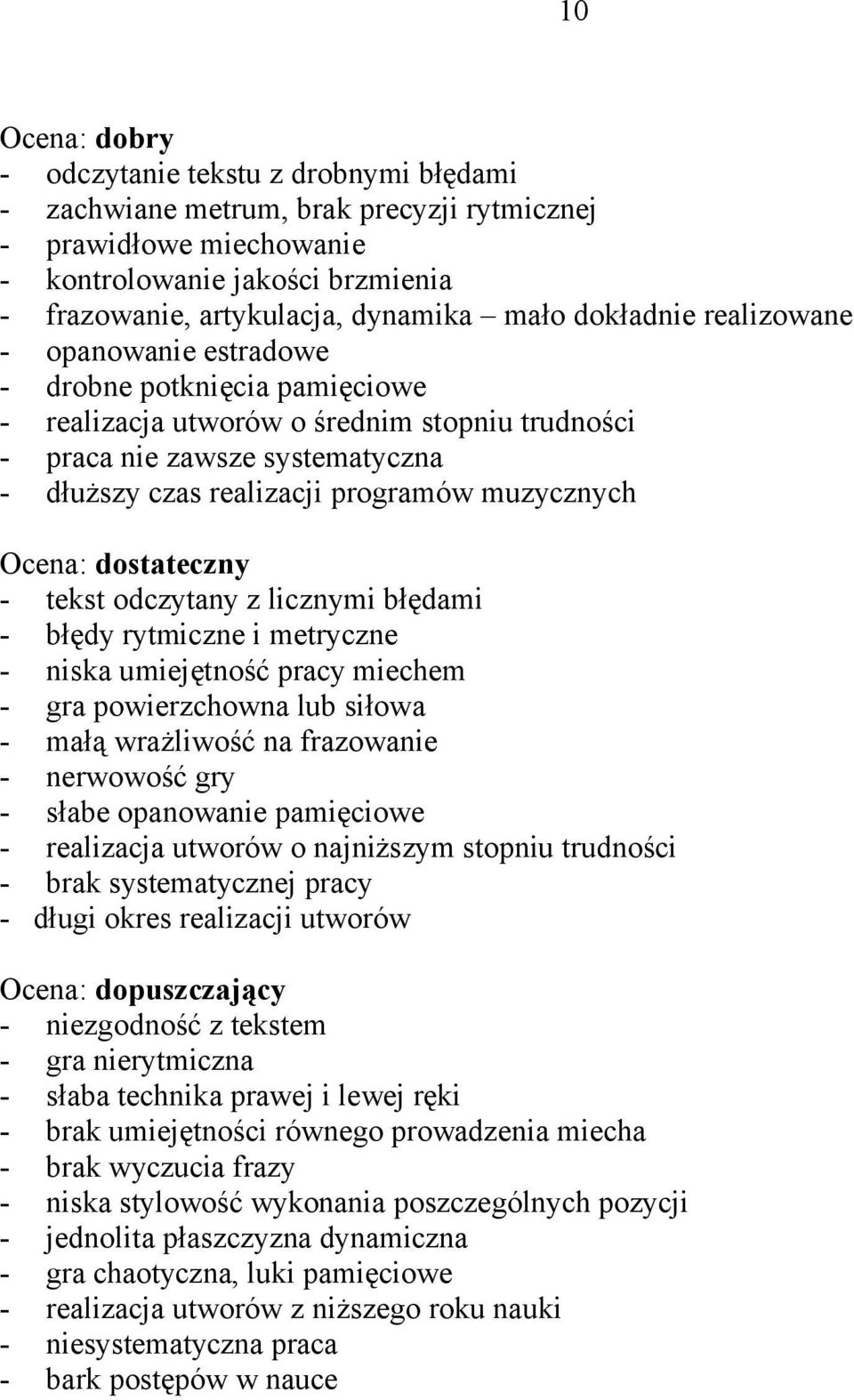 muzycznych Ocena: dostateczny - tekst odczytany z licznymi błędami - błędy rytmiczne i metryczne - niska umiejętność pracy miechem - gra powierzchowna lub siłowa - małą wrażliwość na frazowanie -