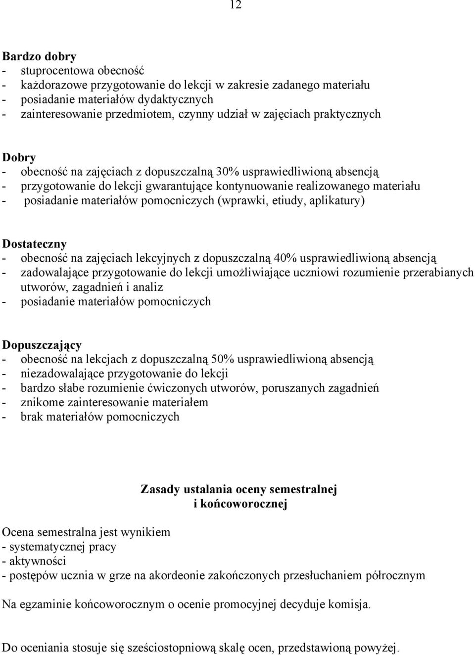 pomocniczych (wprawki, etiudy, aplikatury) Dostateczny - obecność na zajęciach lekcyjnych z dopuszczalną 40% usprawiedliwioną absencją - zadowalające przygotowanie do lekcji umożliwiające uczniowi