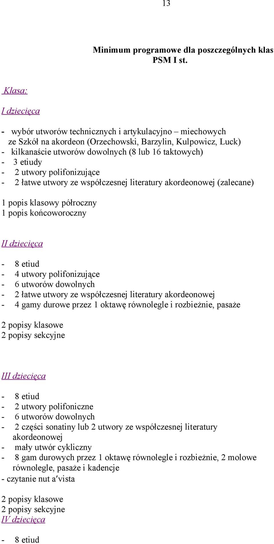 etiudy - 2 utwory polifonizujące - 2 łatwe utwory ze współczesnej literatury akordeonowej (zalecane) 1 popis klasowy półroczny 1 popis końcoworoczny II dziecięca - 8 etiud - 4 utwory polifonizujące -