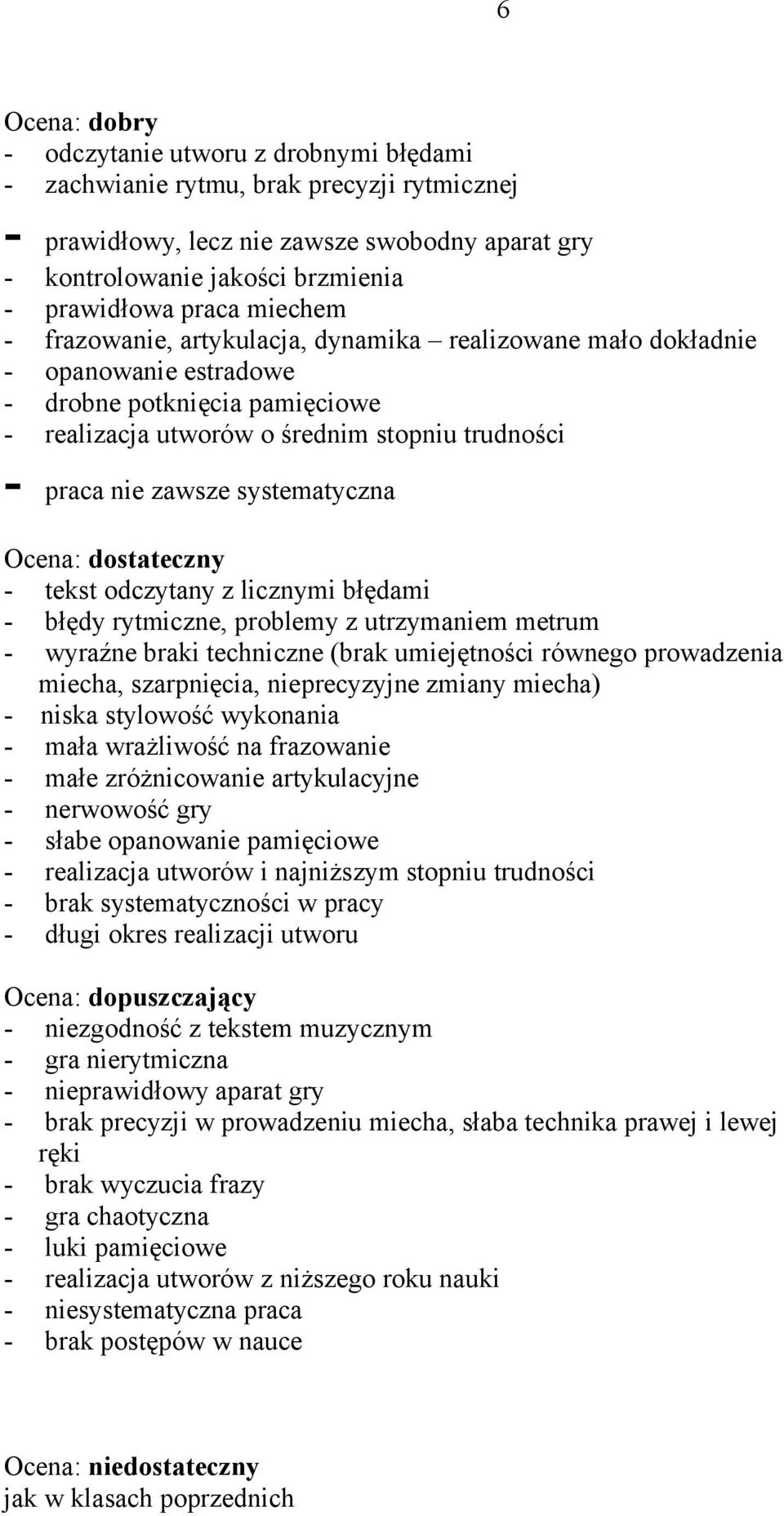 systematyczna Ocena: dostateczny - tekst odczytany z licznymi błędami - błędy rytmiczne, problemy z utrzymaniem metrum - wyraźne braki techniczne (brak umiejętności równego prowadzenia miecha,