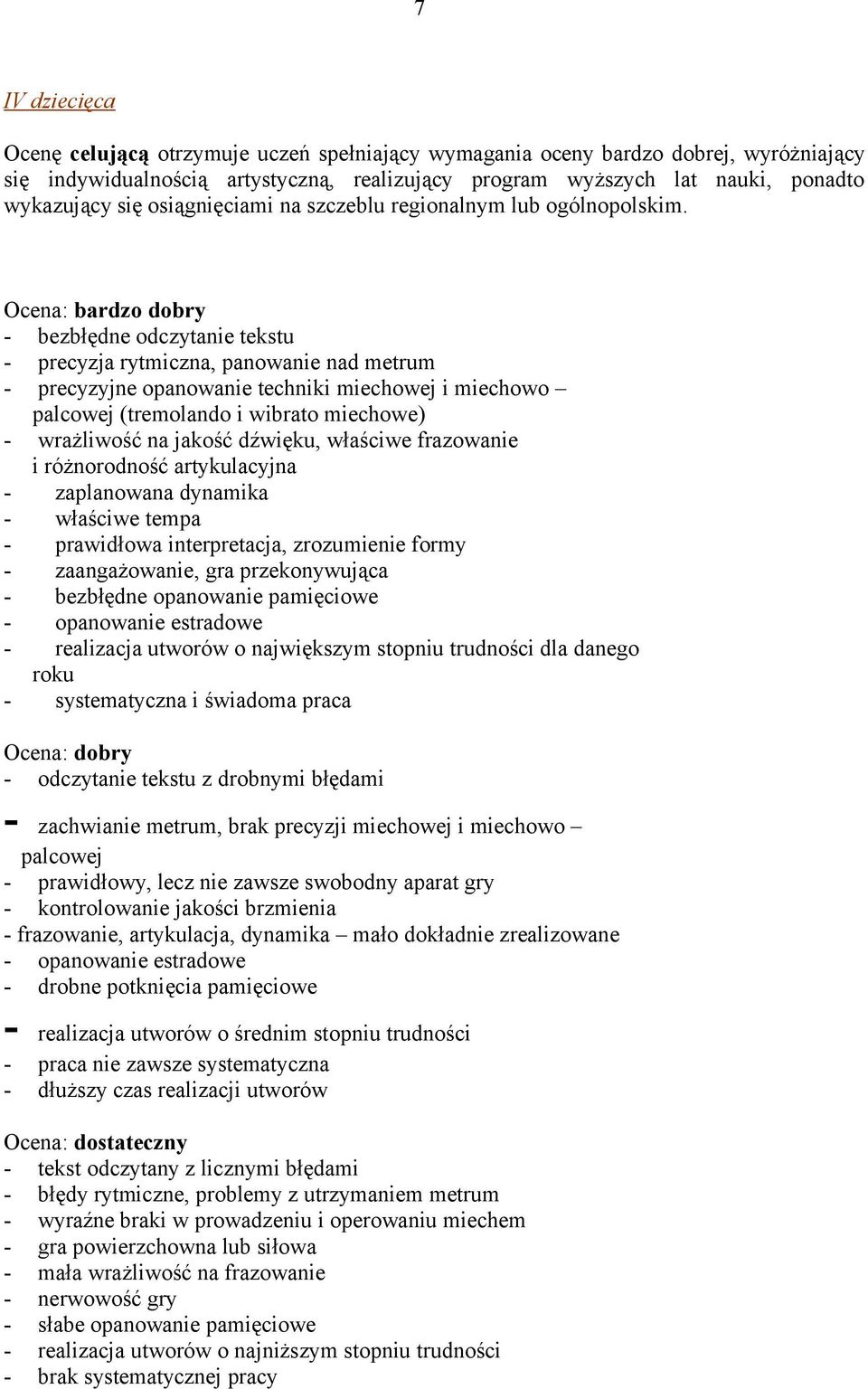 Ocena: bardzo dobry - bezbłędne odczytanie tekstu - precyzja rytmiczna, panowanie nad metrum - precyzyjne opanowanie techniki miechowej i miechowo palcowej (tremolando i wibrato miechowe) -