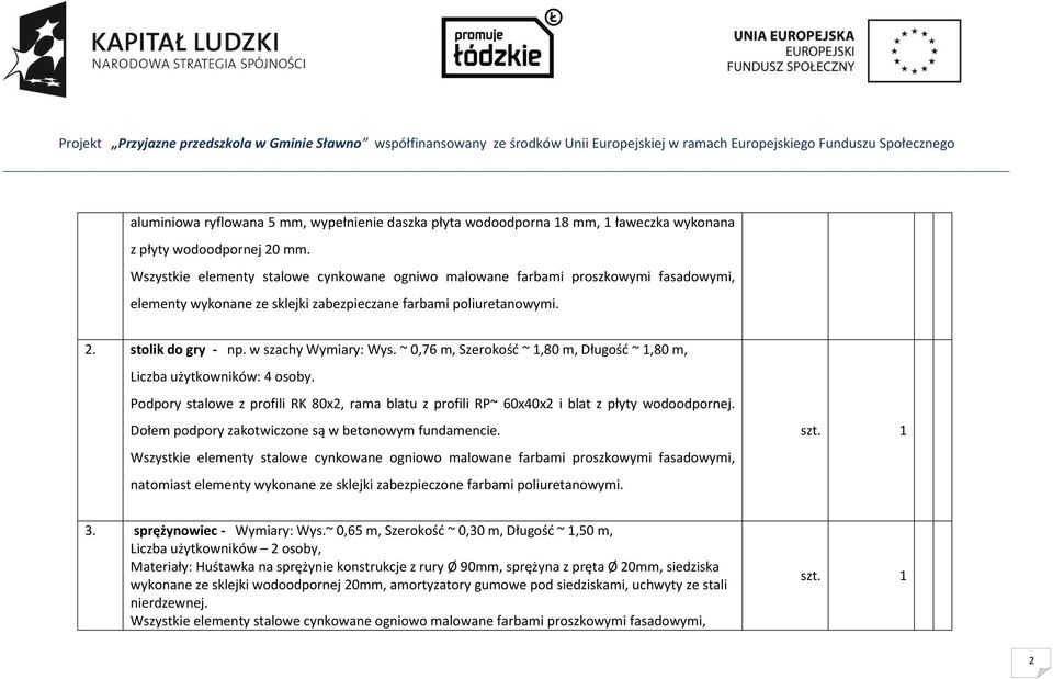 ~ 0,76 m, Szerokość ~ 1,80 m, Długość ~ 1,80 m, Liczba użytkowników: 4 osoby. Podpory stalowe z profili RK 80x2, rama blatu z profili RP~ 60x40x2 i blat z płyty wodoodpornej.