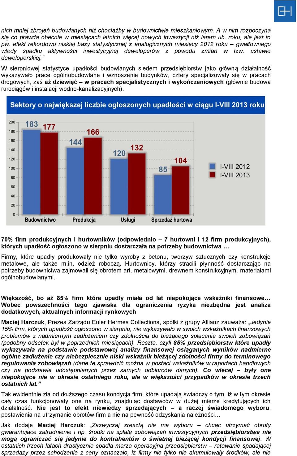 W sierpniowej statystyce upadłości budowlanych siedem przedsiębiorstw jako główną działalność wykazywało prace ogólnobudowlane i wznoszenie budynków, cztery specjalizowały się w pracach drogowych,