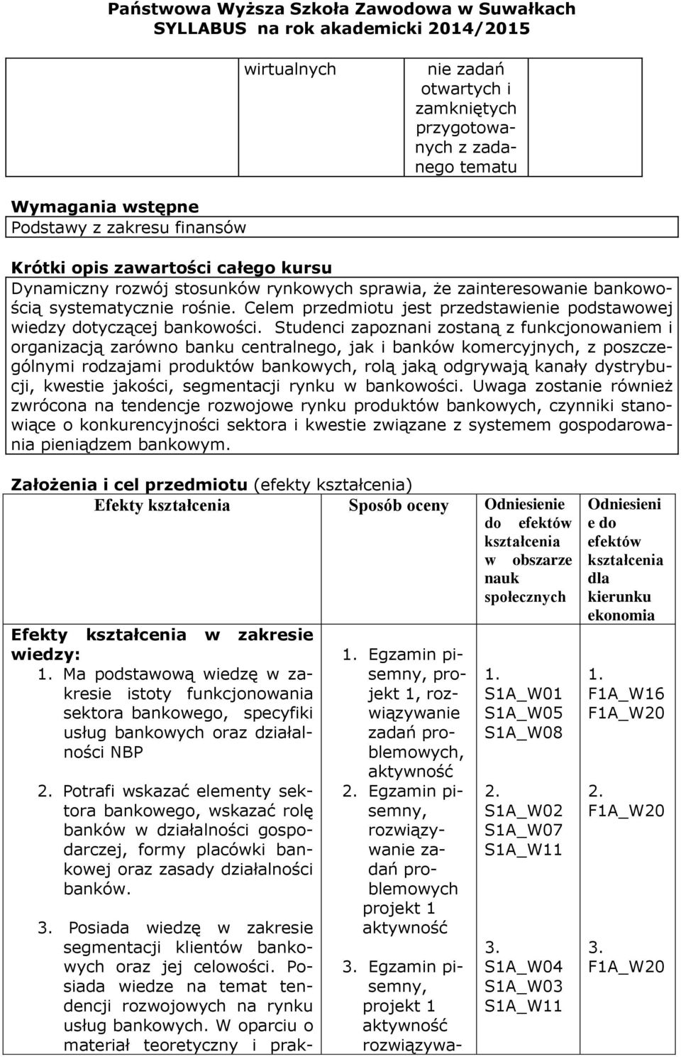 Studenci zapoznani zostaną z funkcjonowaniem i organizacją zarówno banku centralnego, jak i banków komercyjnych, z poszczególnymi rodzajami produktów bankowych, rolą jaką odgrywają kanały