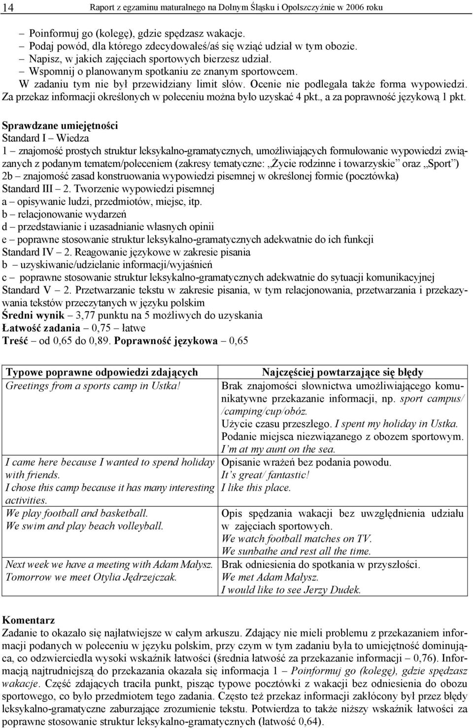 Za przekaz informacji określonych w poleceniu można było uzyskać 4 pkt., a za poprawność językową 1 pkt.