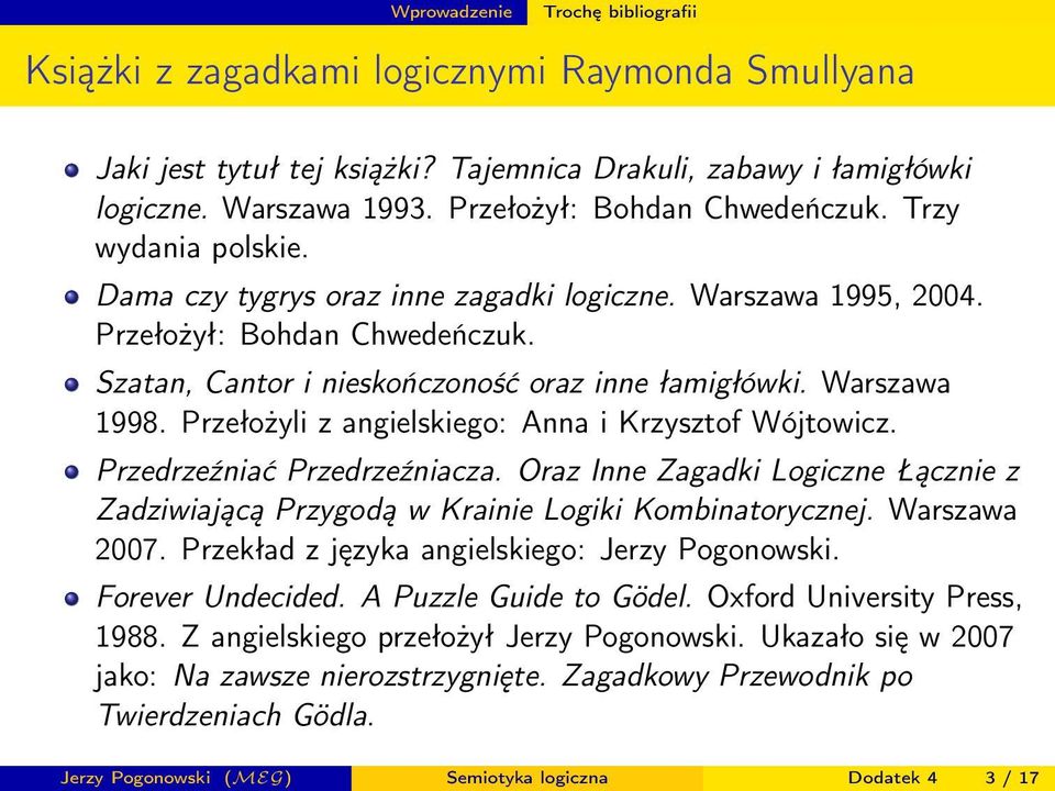 Szatan, Cantor i nieskończoność oraz inne łamigłówki. Warszawa 1998. Przełożyli z angielskiego: Anna i Krzysztof Wójtowicz. Przedrzeźniać Przedrzeźniacza.