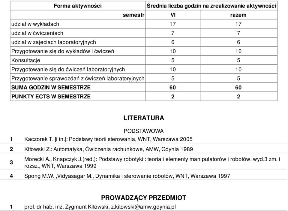 SEMESTRZE 2 2 LITERATURA PODSTAWOWA 1 Kaczorek T. [i in.]: Podstawy teorii sterowania, WNT, Warszawa 2005 2 Kitowski Z.: Automatyka, Ćwiczenia rachunkowe, AMW, Gdynia 1989 3 Morecki A., Knapczyk J.