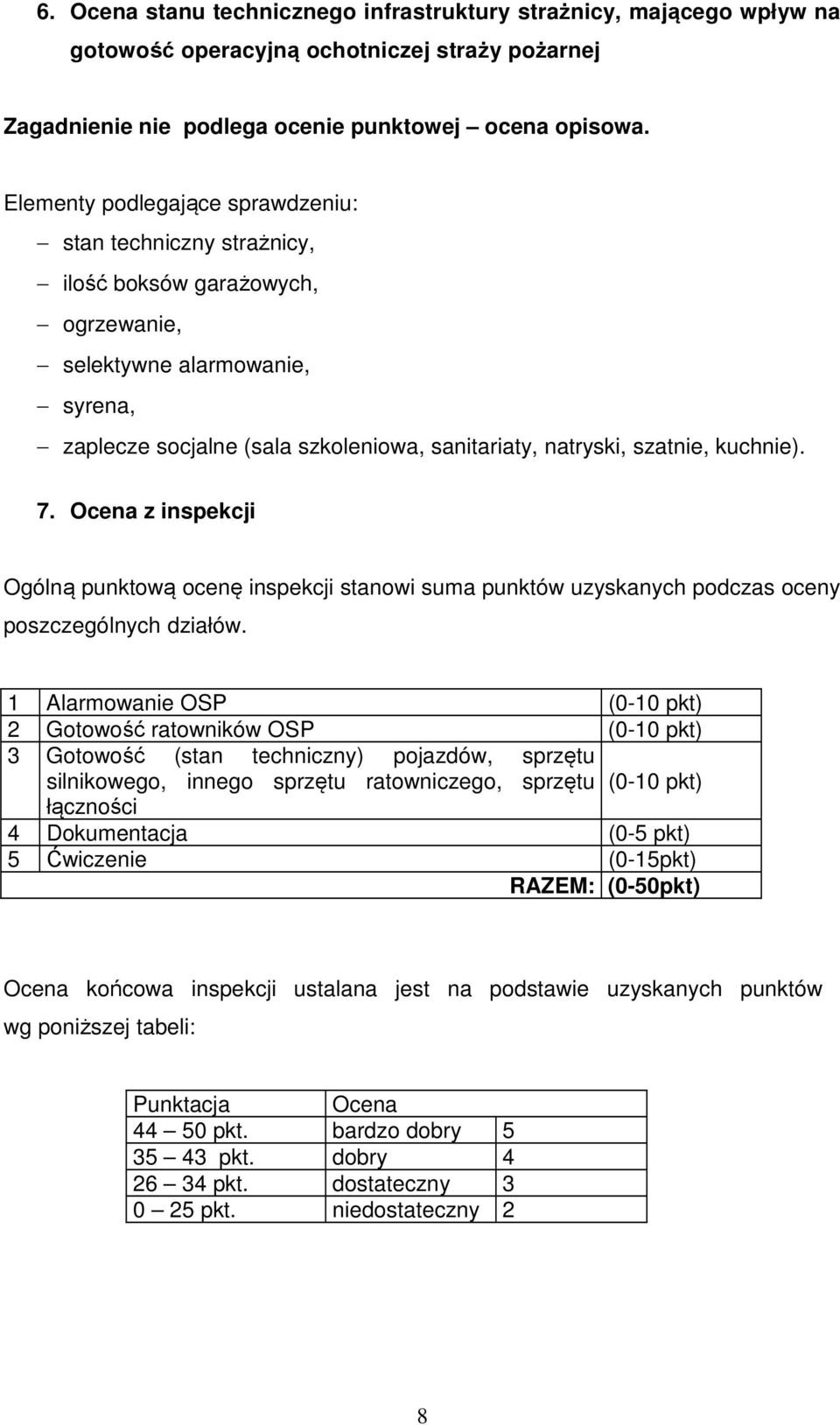 kuchnie). 7. Ocena z inspekcji Ogólną punktową ocenę inspekcji stanowi suma punktów uzyskanych podczas oceny poszczególnych działów.