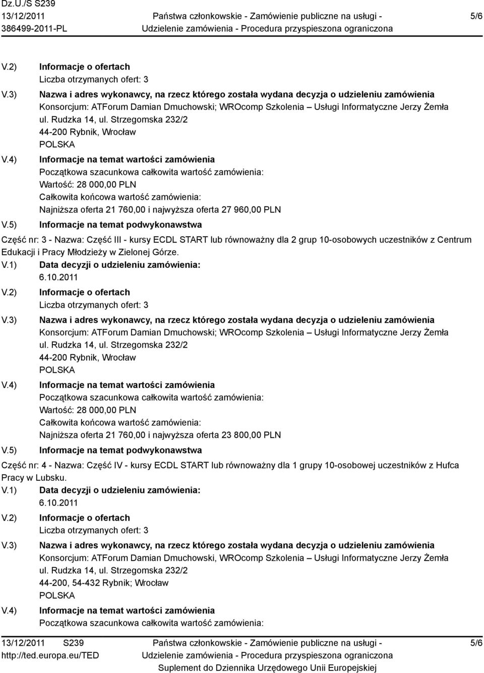 Konsorcjum: ATForum Damian Dmuchowski; WROcomp Szkolenia Usługi Informatyczne Jerzy Żemła 44-200 Rybnik, Wrocław Wartość: 28 000,00 PLN Najniższa oferta 21 760,00 i najwyższa oferta 23 800,00 PLN